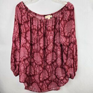 Womens Boho Spring Summer Casual Fun Red Pink Paisley Pattern Relaxed Fit Top LG
